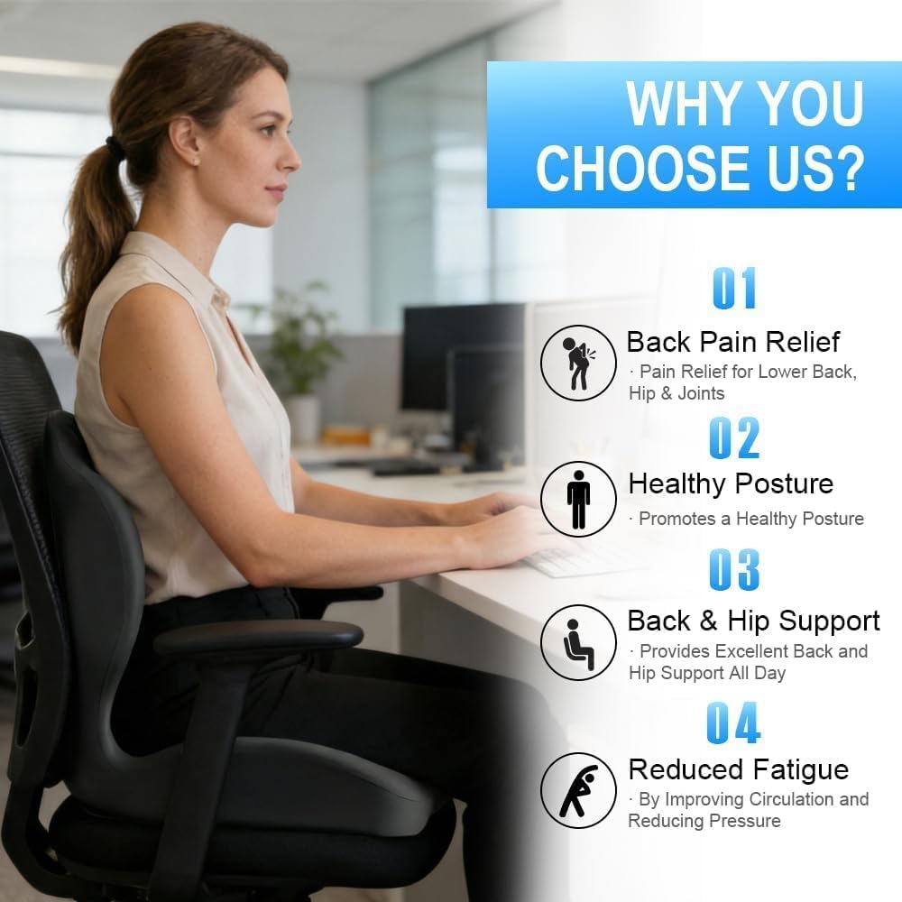 Gresonic Ergonomic Memory Foam Seat Cushion, For Office, Car, Gaming & Dining Chairs, Sciatica, Tailbone & Coccyx Pain Relief