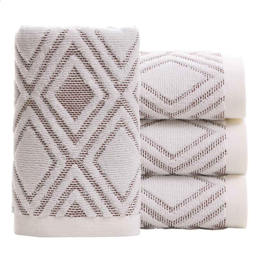 Pidada Hand Towels Set of 4 Diamond Pattern 100% Cotton Absorbent Soft Decorative Towel for Bathroom Beige Brown