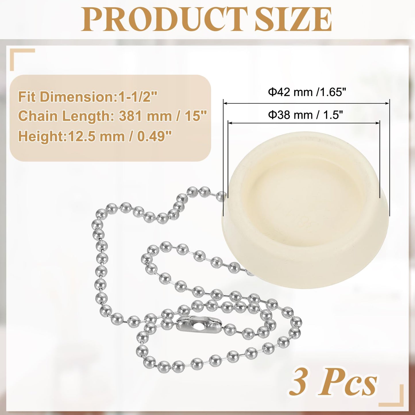 PATIKIL Tub Drain Stopper, 3Pcs for 1-1/2" Rubber Bath Tub Drain Sink Stopper with Pull Ring Stainless Steel Beaded Chain for Kitchen Sink Bathroom