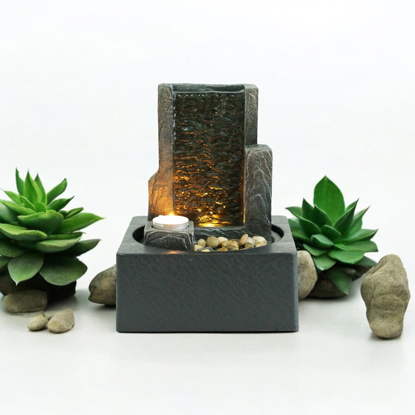 Water Feature Indoor Outdoor LED Fountain - Serene Waterfall Garden Decor in Polyresin, Weather Resistant Design with Pump & LED Light for Relaxation (LED Rectangle Waterfall)