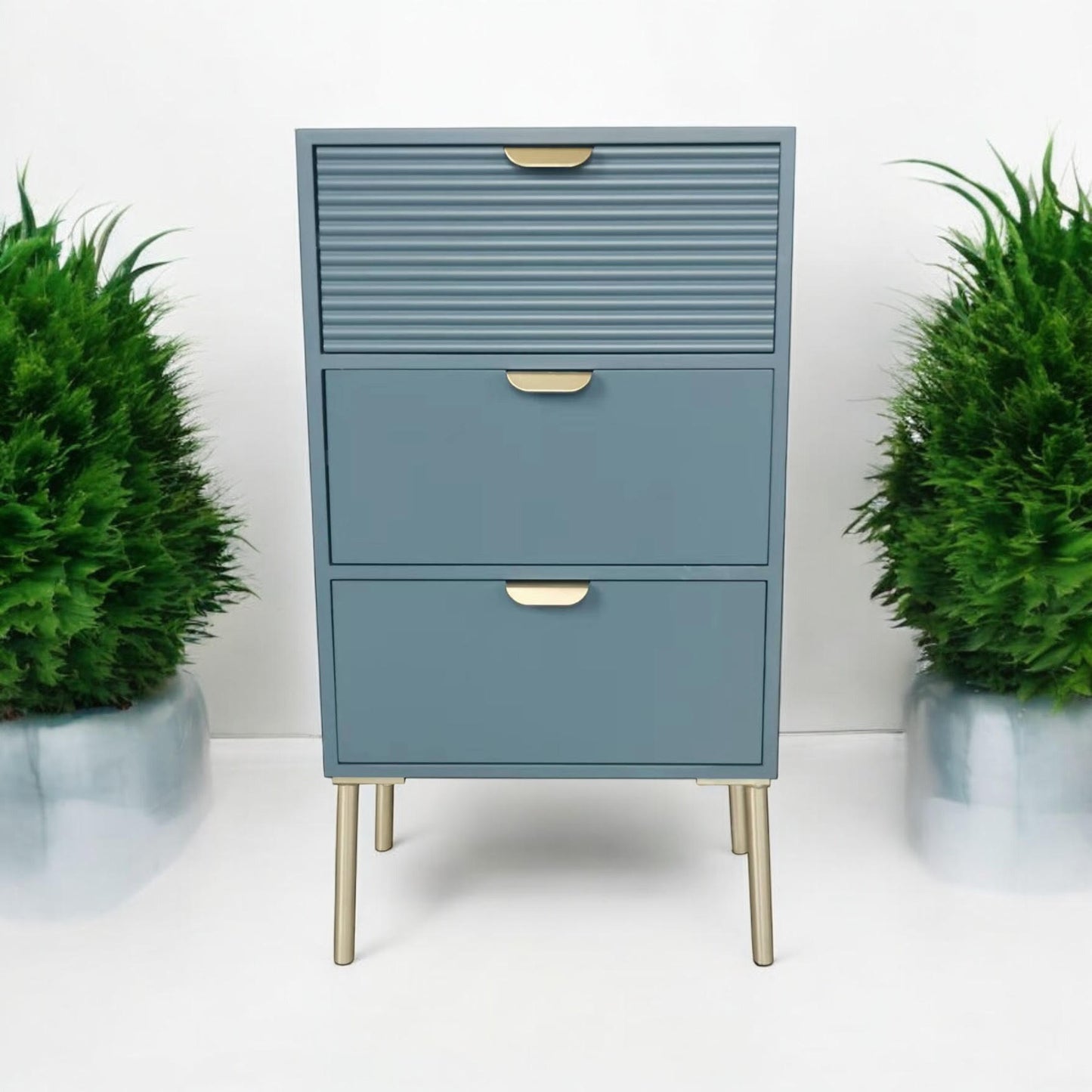 AcaciaHome Durable and Functional Wooden 3 Drawer Chest – Compact Storage Solution with 3-drawer chest, pine top, metal handles, and ample storage in a sleek for modern bedrooms (Blue)
