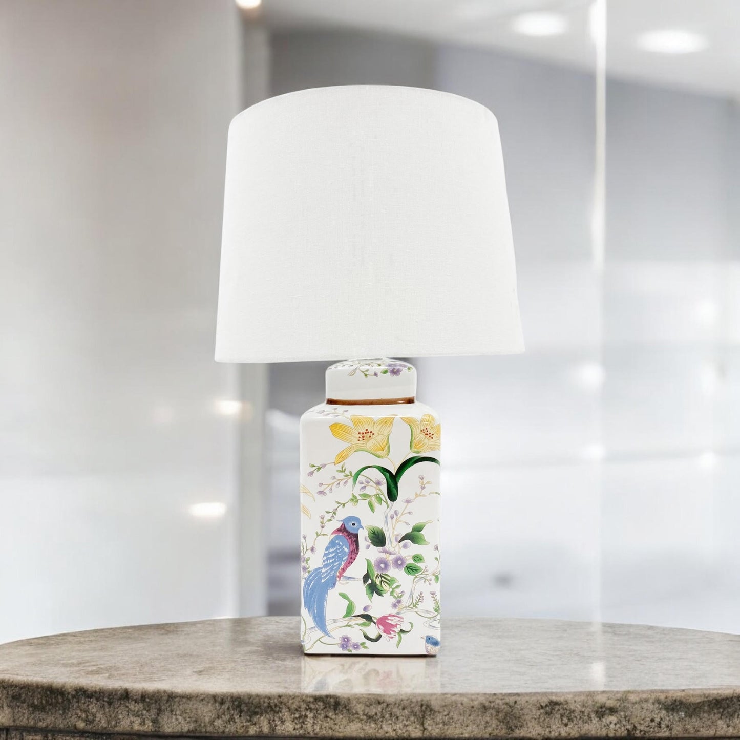 Modern Ceramic Table Lamp – Stylish Ceramic Lamp Available in Three Sizes, Ideal for Providing Soft, Ambient Lighting in Your Bedroom, Living Room, or Office (Floral & Bird Design with White Shade)
