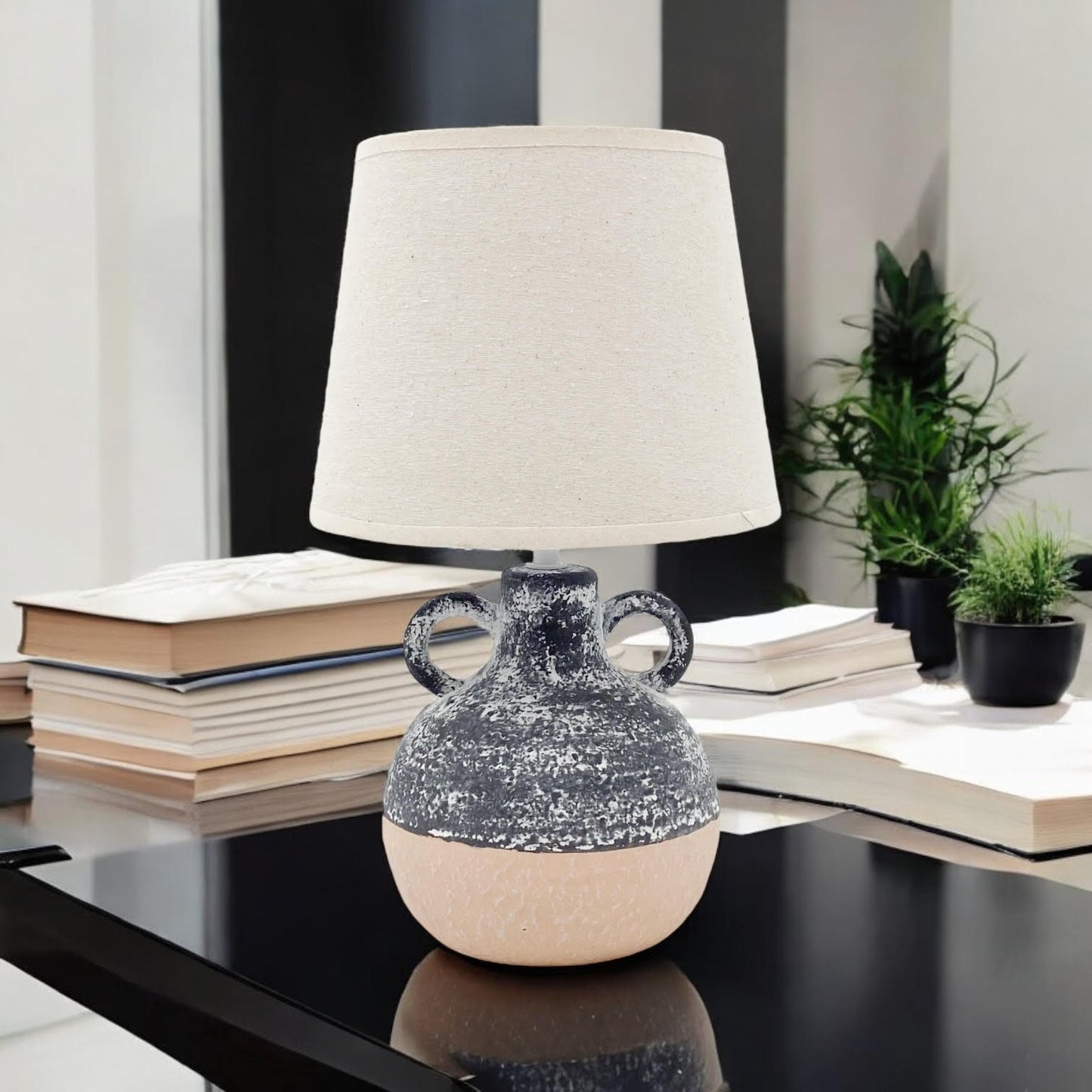 AcaciaHome Ceramic Table Lamp with Rustic Earthen Urn Base and 9" Drum Shade – Stylish and Durable Home Lighting Warm Cozy Ambiance for Bedroom, Living Room, Hallway, or Study (Table Lamp 38CM)