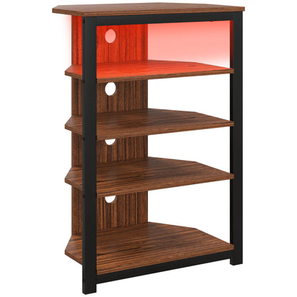 HOMCOM 4-Tier Corner TV Stand with Storage, LED Lights, Cable Management, Small Entertainment Centre for TVs up to 29", for Living Room, Bedroom, Brown Wood Effect