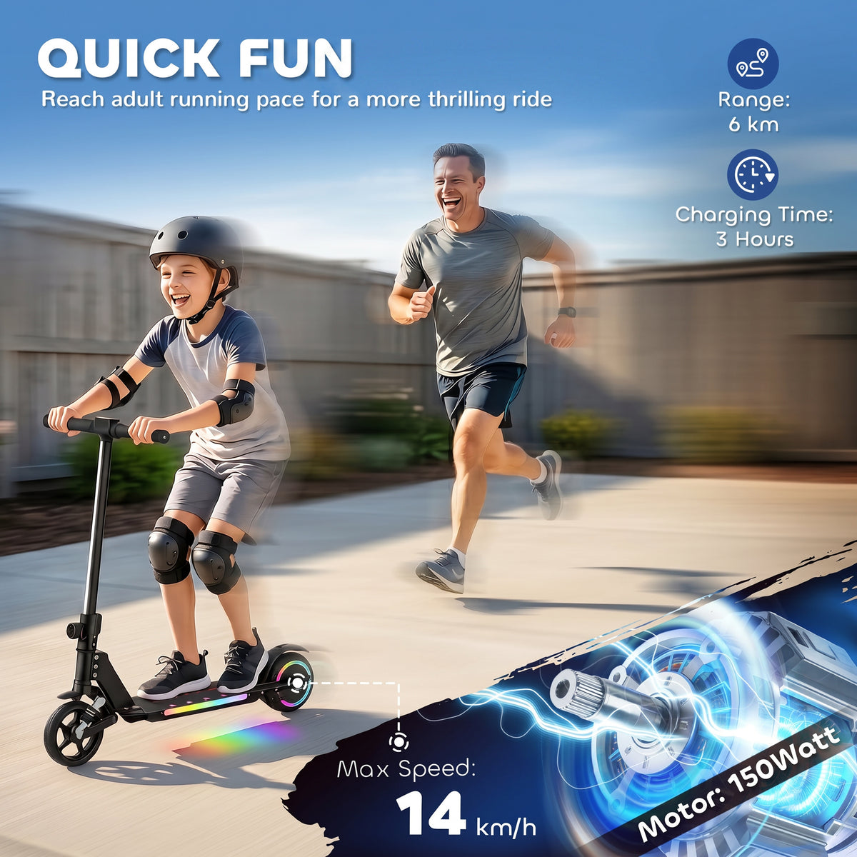 SPORTNOW Folding Electric Scooter for Kids, with Dual Brakes, Front Suspension, LED Colourful Lights, Black