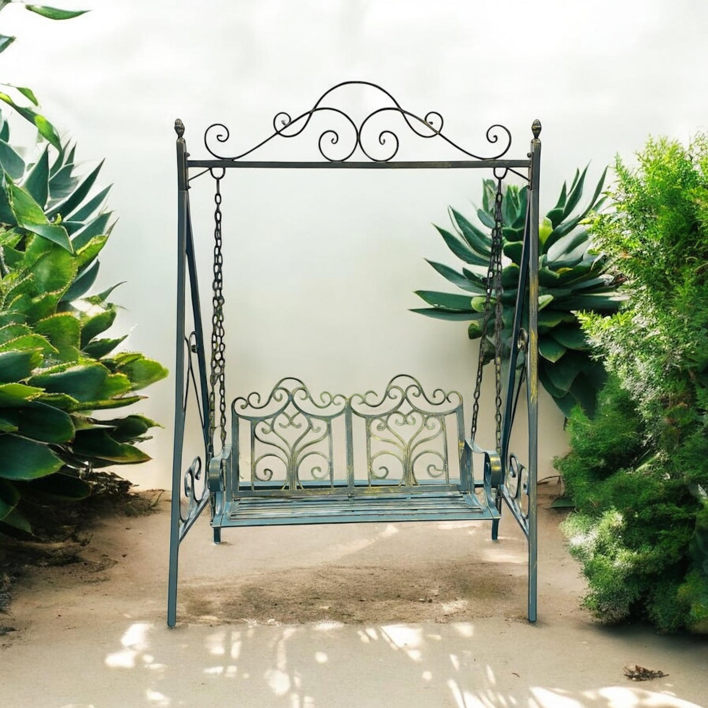 Durable & Stylish Blue Gold Metal Swing Chair Garden Hammock 2-Seater - Outdoor Patio Bench with Adjustable Chains, Rocking Motion & Weather-Resistant Finish use for Garden Relaxation