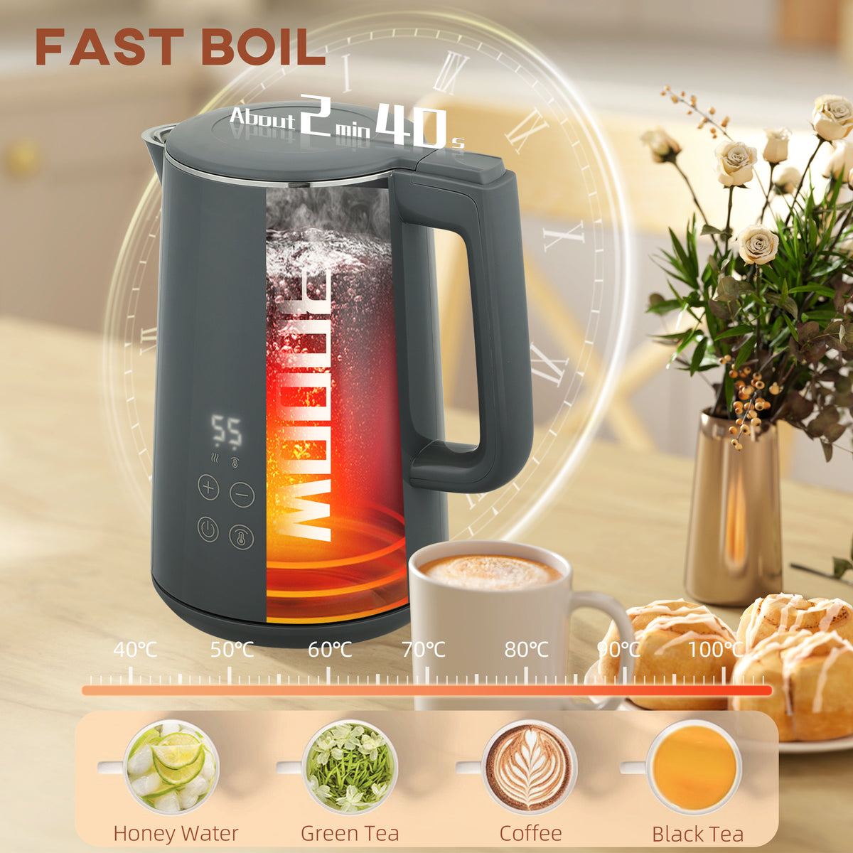 HOMCOM Digital Stainless Steel Kettle and Toaster Set, 1.5L 3000W Fast Boil Kettle, 2 Slice Toaster with 7 Level Browning Controls, Defrost, Reheat, Keep Warm, Crumb Tray and LED Touch Display, Grey