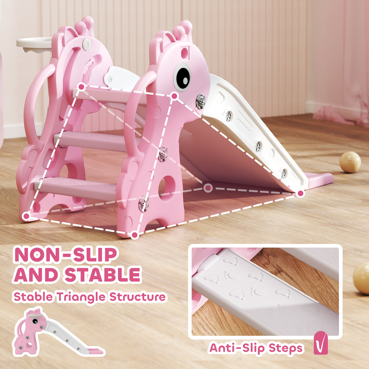 AIYAPLAY 3 in 1 Kids Slide with Climber, Basketball Hoop and Ball, Giraffe Shape Climber Slide for Indoor Kids Age 1-3, Pink