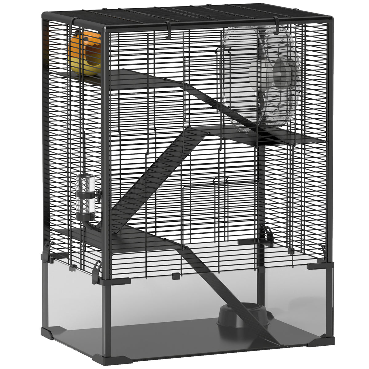 PawHut Four-Tier Hamster Cage with Deep Tempered Glass Bottom, Hut, Running Wheel, Food Dish, Water Bottle, 60 x 40 x 80cm