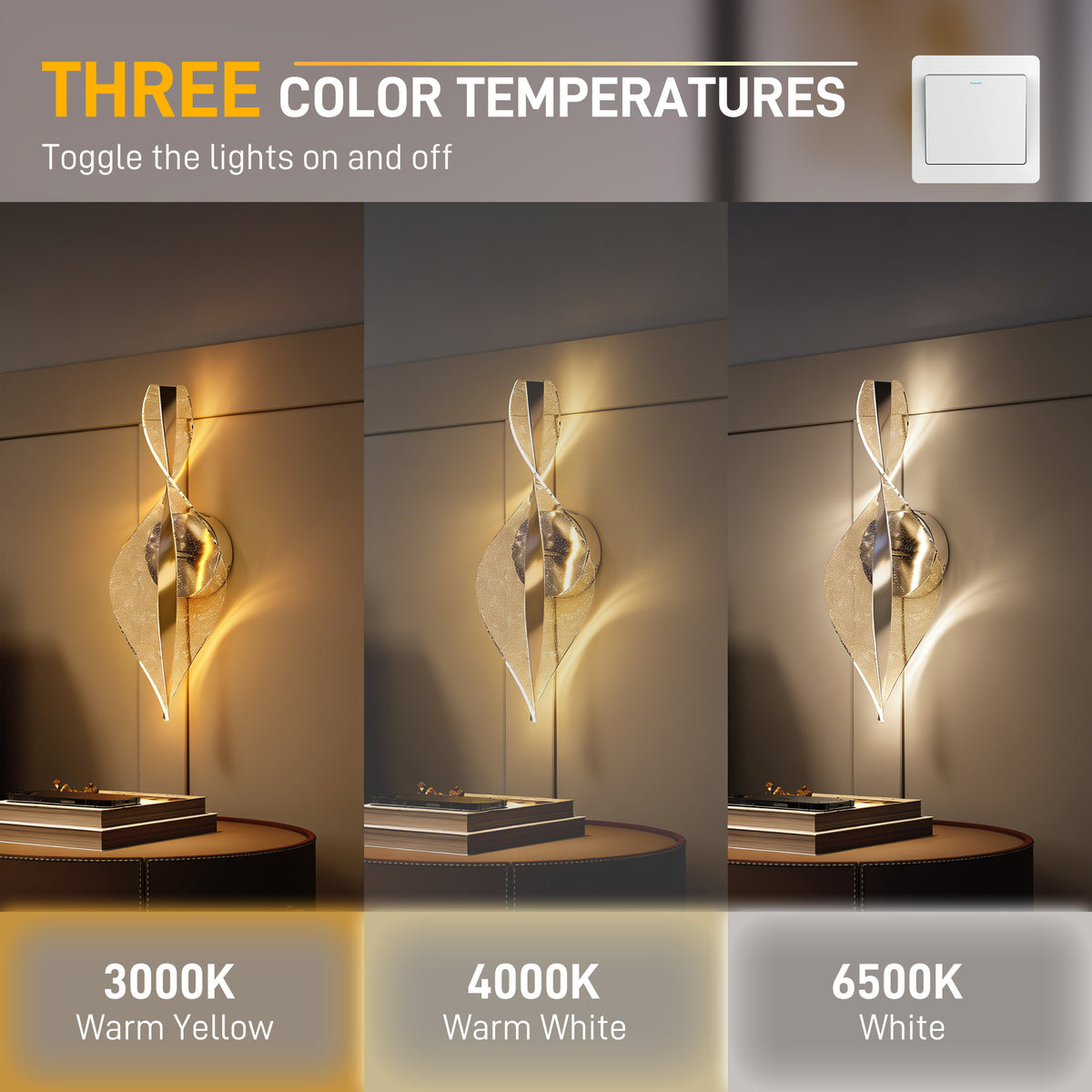 HOMCOM Led Wall Lamp 2 Pack, 13W Modern Indoor Spiral Wall Light, Colour Temperature Adjustable 3000K/4000K/6500K, for Bedroom, Living Room, Hallway, Stairs, Silver Tone