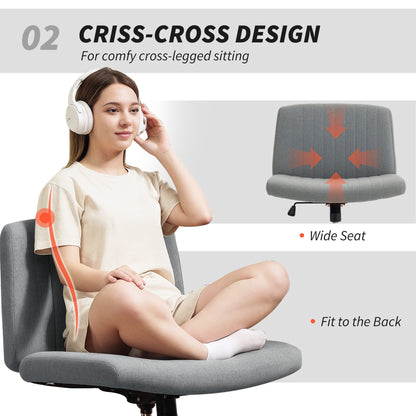 HOMCOM Armless Office Chair No Wheels, Linen Fabric Criss Cross Legged Desk Chair with Wide Seat, Thick Padding, Tilt Function, Height Adjustable Swivel Computer Seat for Home, Grey