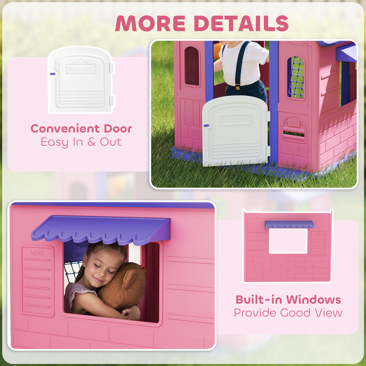 AIYAPLAY 5-in-1 Playhouse for Kids Outdoor Indoor with Basketball Hoop, Football Goal, Dartboard, Ring Toss for 2-5 Years, Pink