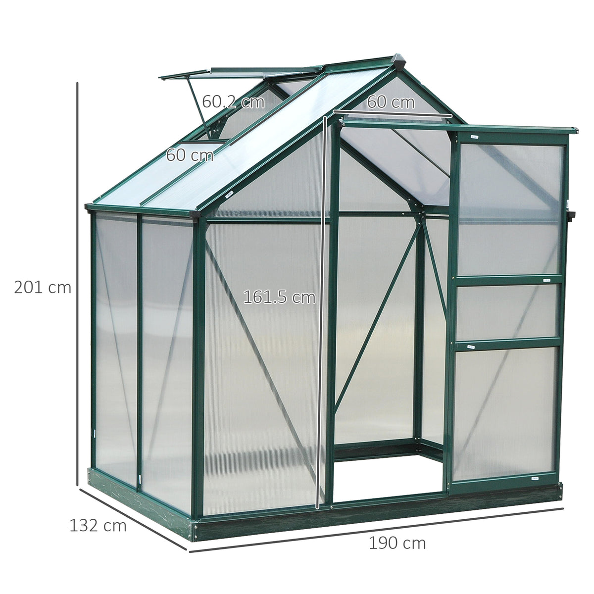 Outsunny 6 x 4ft Polycarbonate Greenhouse, Large Walk in Green House with Slide Door and Window, Garden Plants Grow House with Aluminium Frame and Foundation, Dark Green