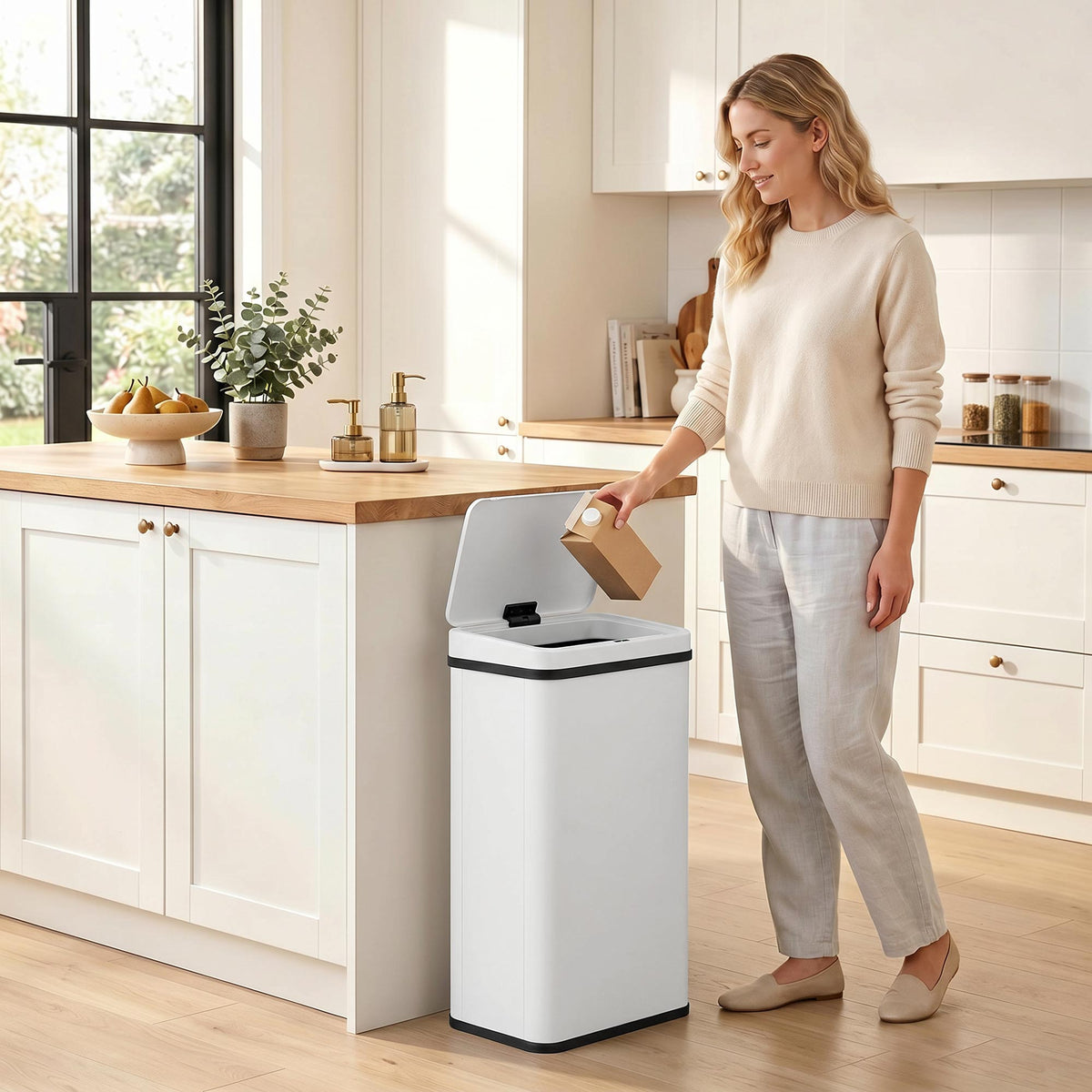 HOMCOM 50L Sensor Bin with Soft-Close Lid, Stainless Steel Automatic Touchless Motion Sensor Kitchen Bin, White