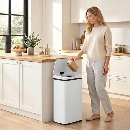HOMCOM 50L Sensor Bin with Soft-Close Lid, Stainless Steel Automatic Touchless Motion Sensor Kitchen Bin, White