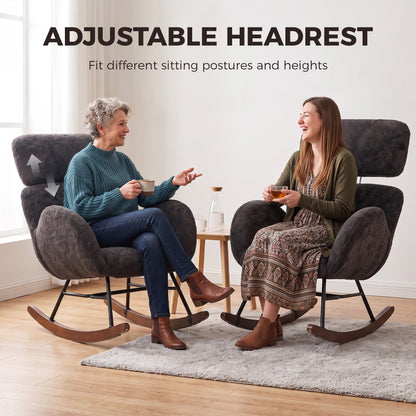 HOMCOM Upholstered Rocking Chair Adjustable Headrest Rocker Chair Raindrop Velvet Rubberwood Base Dark Grey