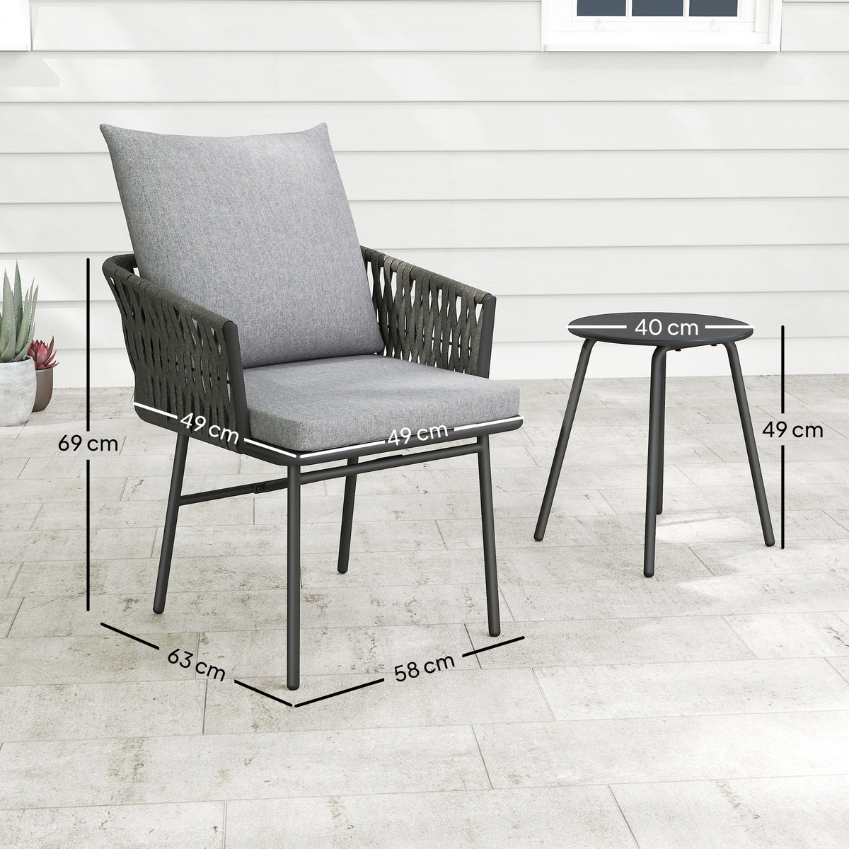 Outsunny 3-Piece Rattan Bistro Set, Garden Table and Chairs with 4 Cushions, Patio Rattan Conversation Furniture Set for Balcony, Porch, Terrace, Grey