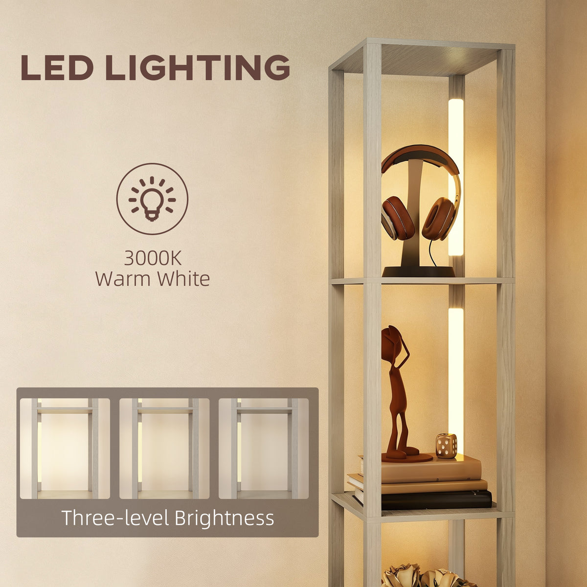 HOMCOM Floor Lamp with Shelves, LED Column Modern Standing Lamp with Fabric Drawer, Adjustable Brightness, Foot Switch for Living Room, Bedroom, Office, Oak