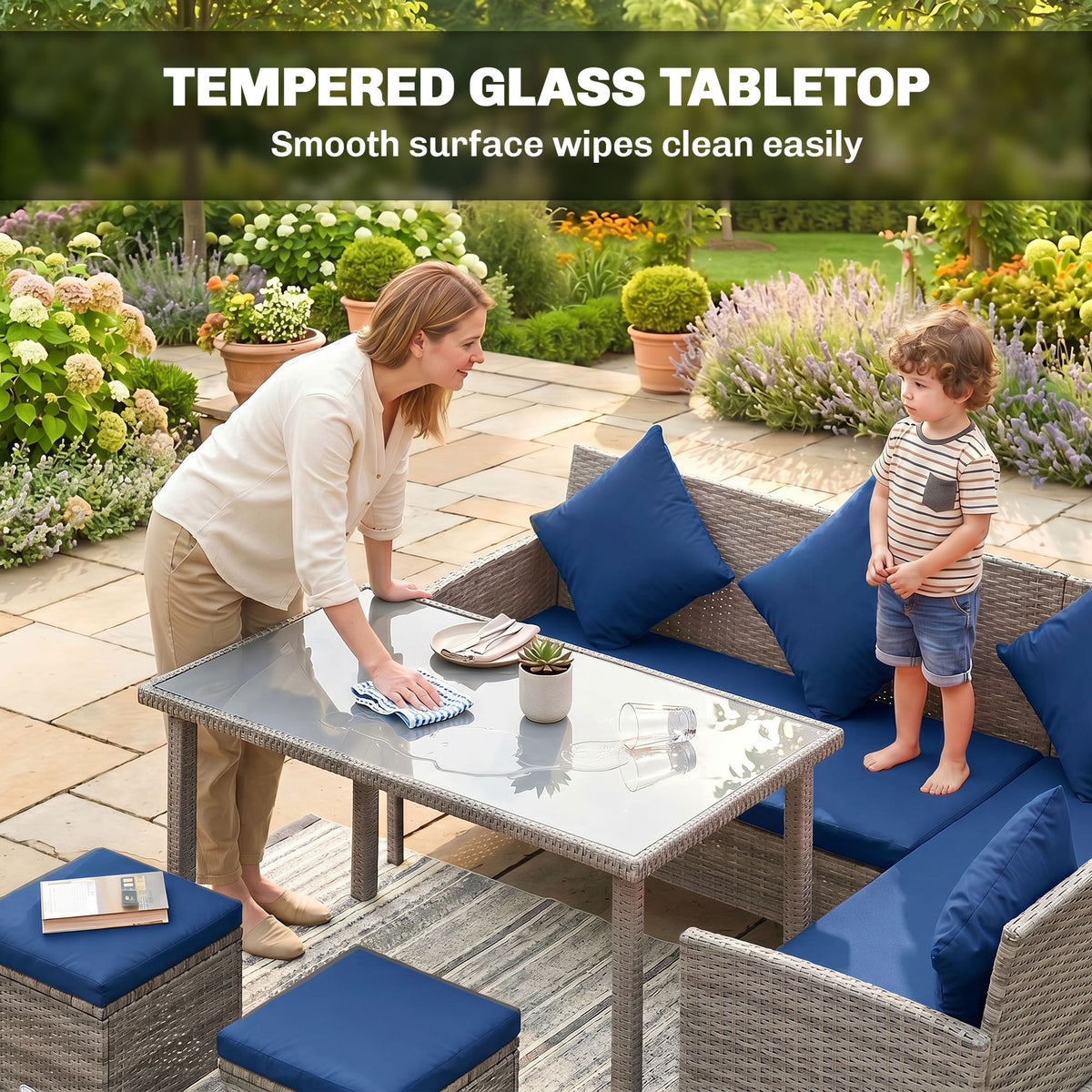 Outsunny 5 Pieces Rattan Garden Furniture Set with Dining Table, Cushions - Dark Blue