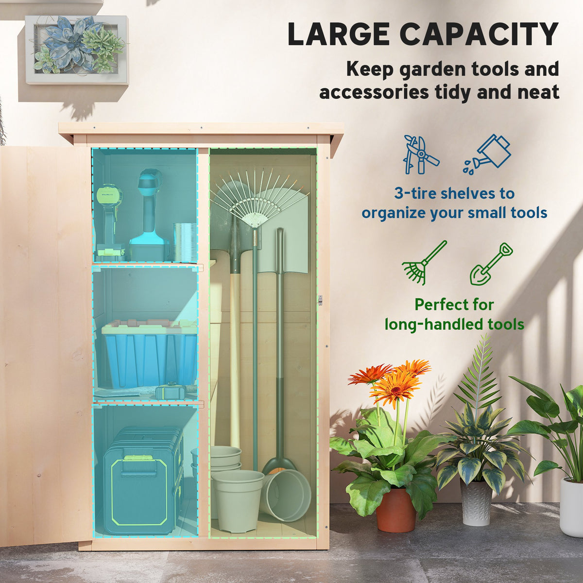 Outsunny Wooden Small Shed, Garden Storage Shed with Shelves and Bolt Latch, 75L x 56W x115H cm, Natural