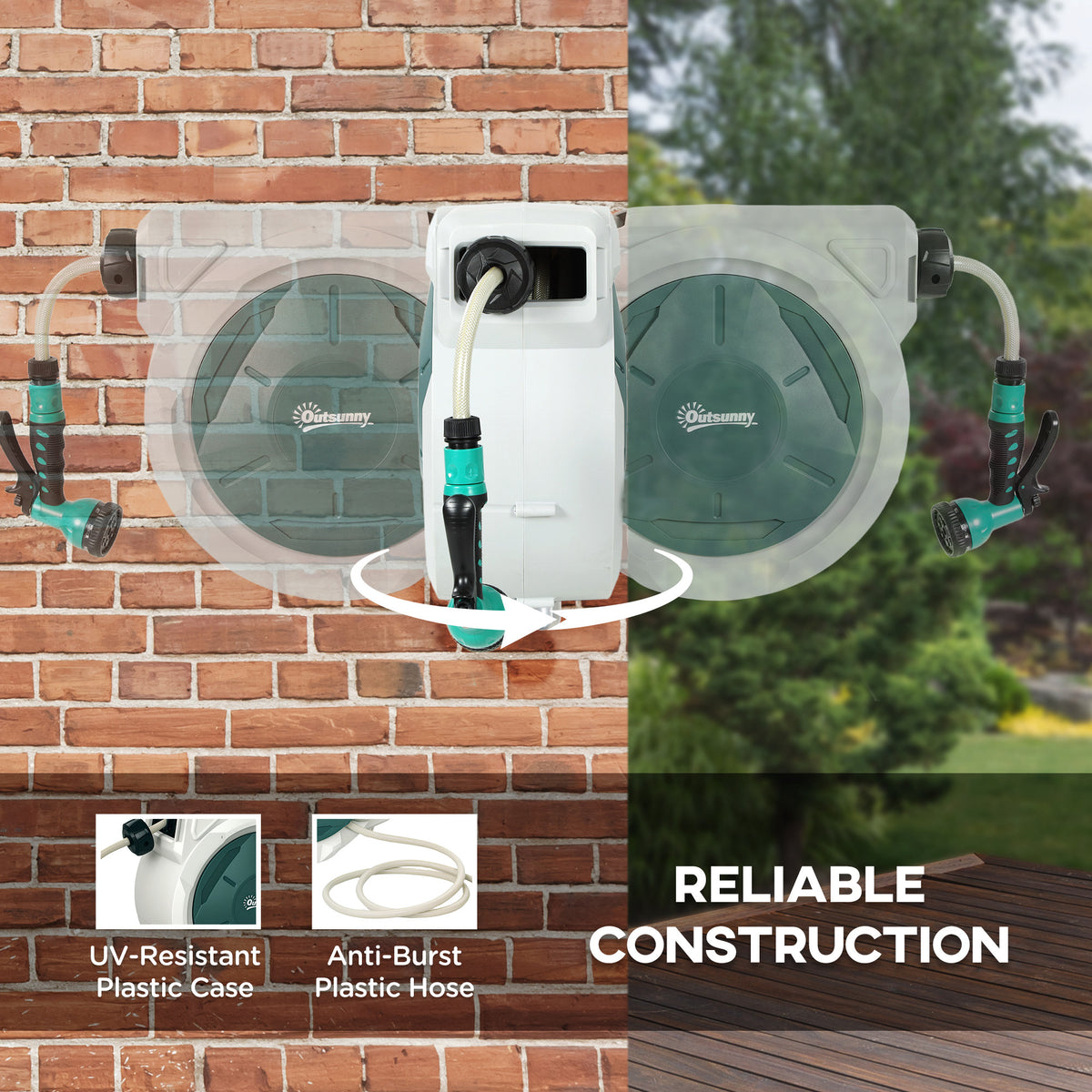 Outsunny Retractable Hose Reel Wall Mounted, 20+2m Garden Hose Pipe Reel with Lock, Auto Rewind, 7 in 1 Spray Nozzle, Includes Wall Fixings, 180° Swivel, Outdoor Watering, 54 x 20 x 39 cm, Light Grey