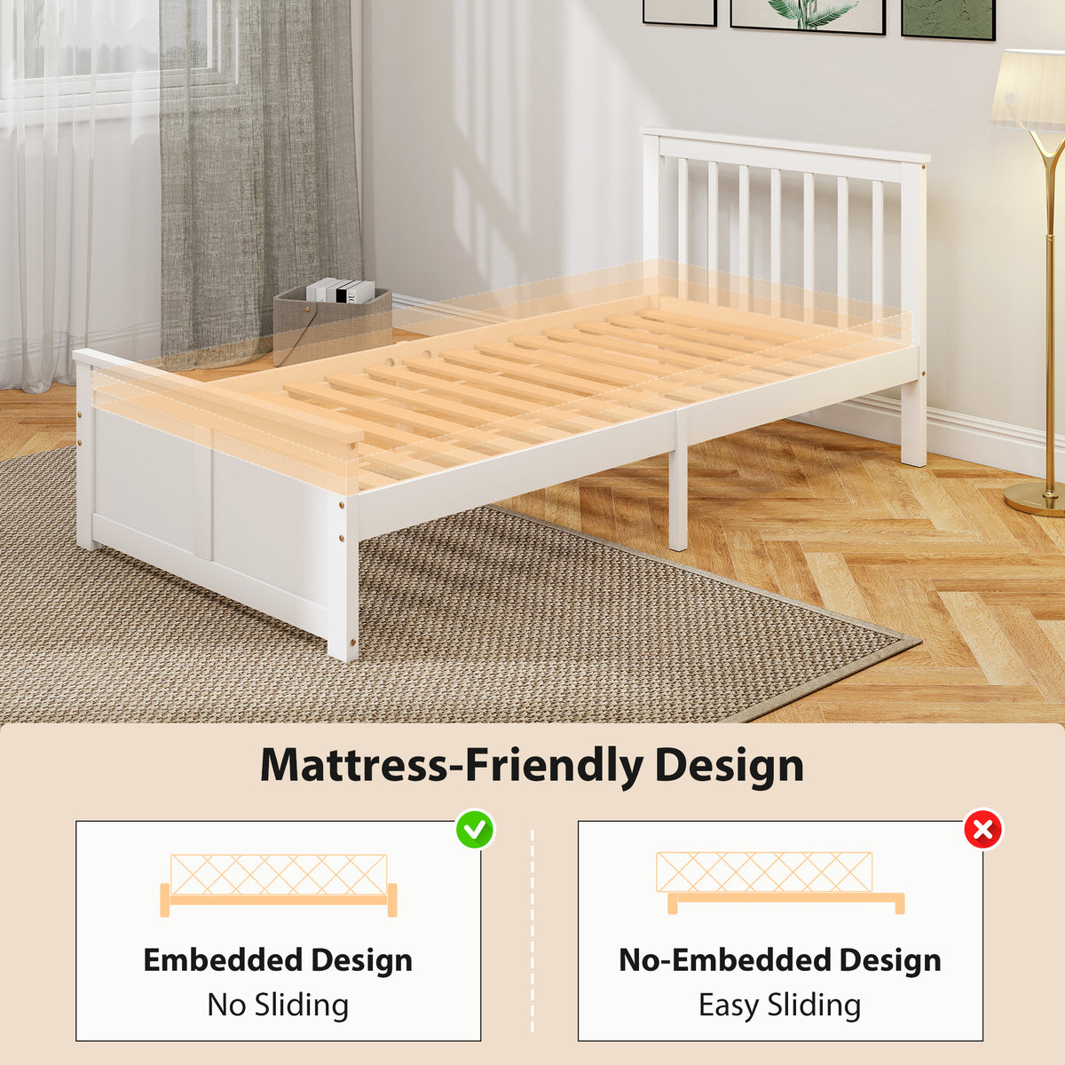 HOMCOM Wooden Single Bed Frame, with Drawers - White