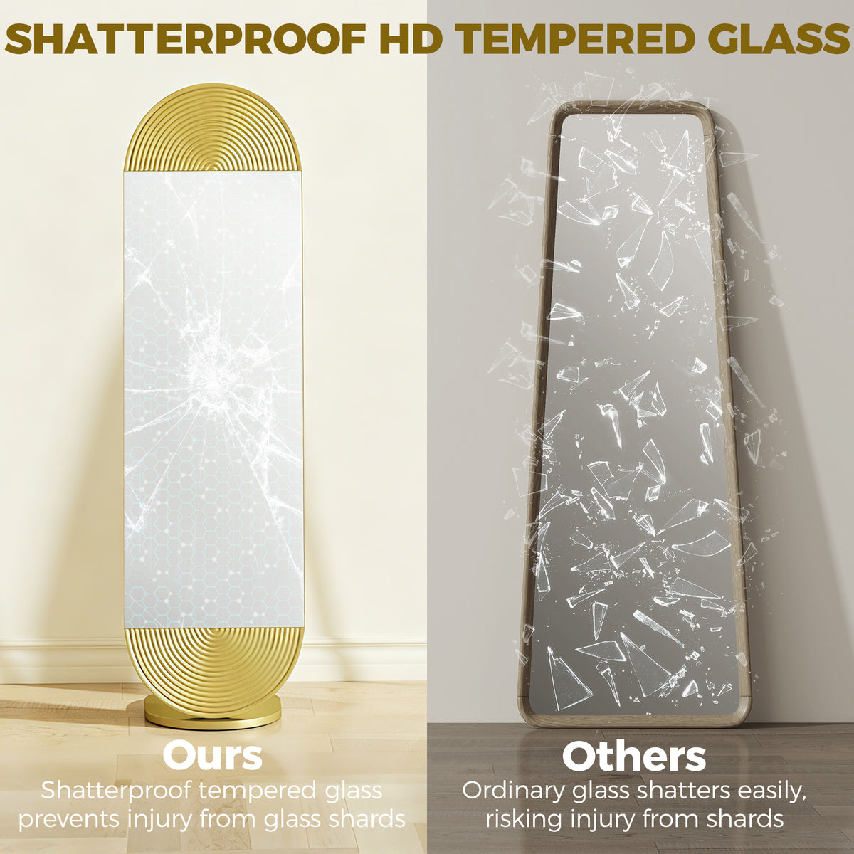 HOMCOM 50 x 161 cm Wavy Full Length Mirror, Free Standing Mirror with Metal Frame and Solid Base, Gold Tone