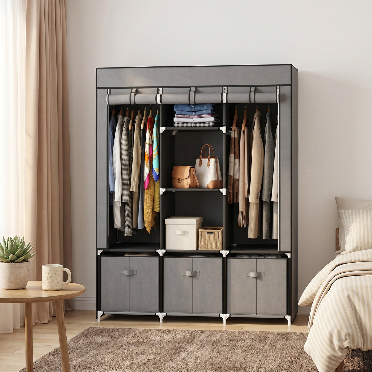 HOMCOM Foldable Fabric Wardrobe for Bedroom, Portable Wardrobe with 5 Shelves, 2 Hanging Rails and 3 Fabric Drawers, Dark Grey