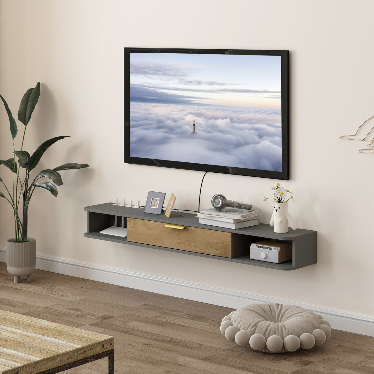 HOMCOM 140 cm Floating TV Stand with Storage - Charcoal Grey