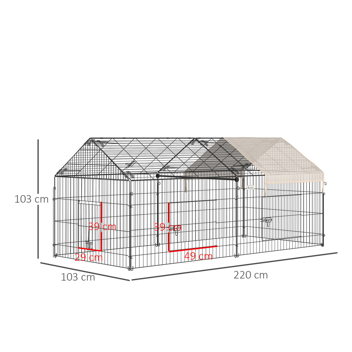 PawHut Metal Rabbit Run Playpen, Guinea Pig Cage, 220 x 103 x 103cm, Beige