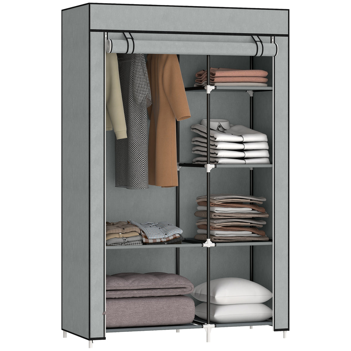 HOMCOM Fabric Wardrobe w/ Shelves Hanging Rail Foldable Wardrobe Light Grey