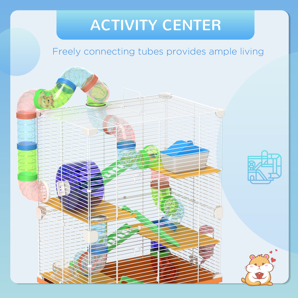 PawHut 5 Tier Hamster Cage Carrier Habitat w/ Exercise Wheels, Tunnel, Orange