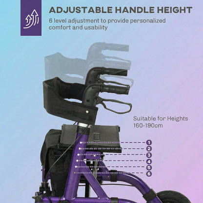 HOMCOM Folding Adjustable Rollator with Dual Brakes & 6 Adjustable Handle Heights for Seniors Purple