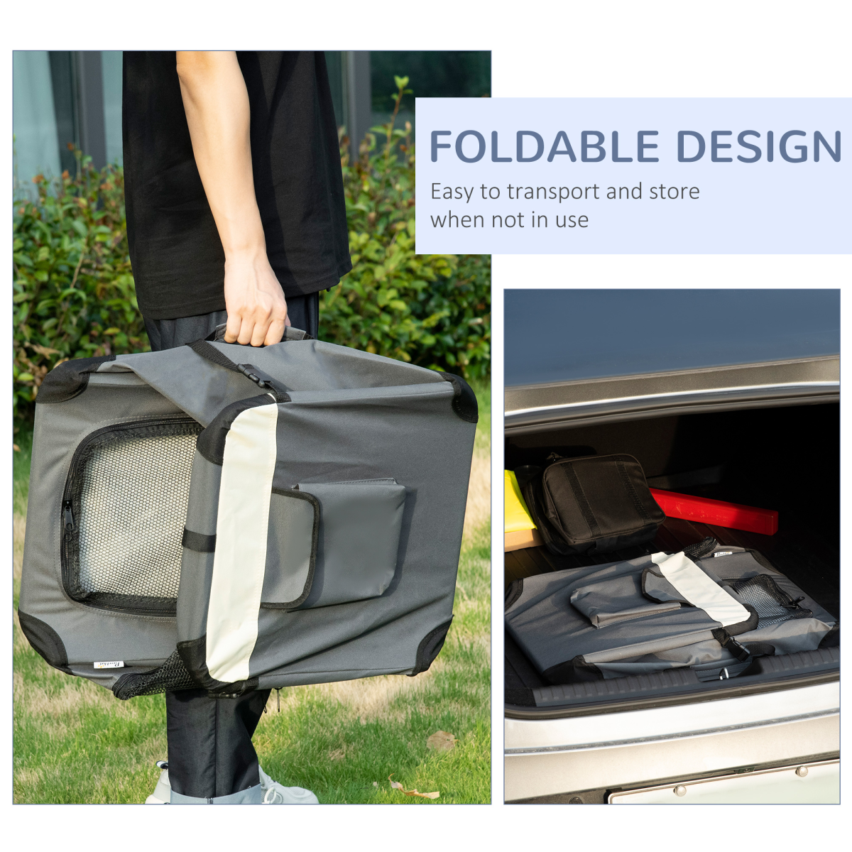 60cm Foldable Pet Carrier w/ Cushion, for Mini Dogs and Cats - Grey Pawhut