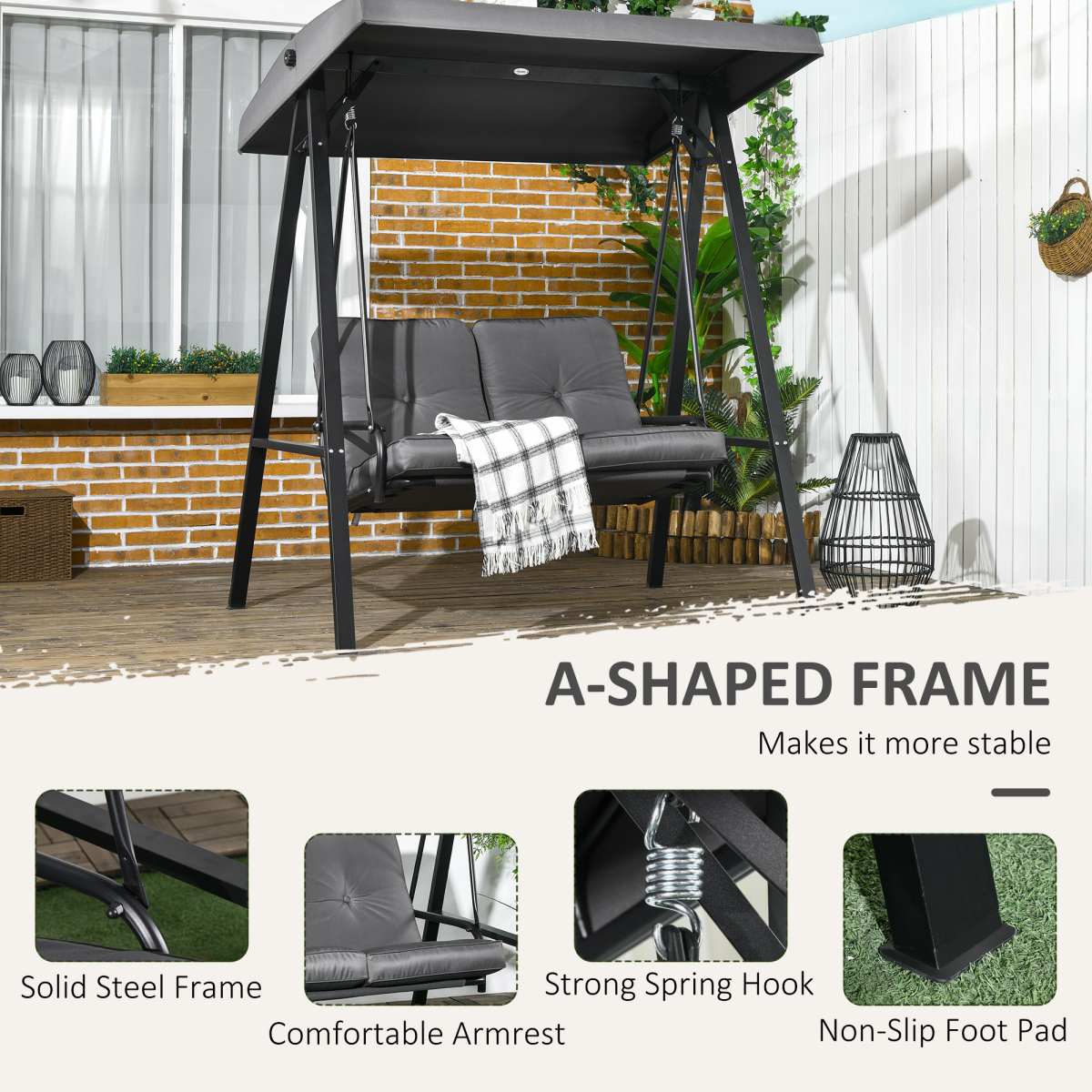 Outsunny 2 Seater Garden Outdoor Swing Chair Hammock w/ Adjustable Canopy