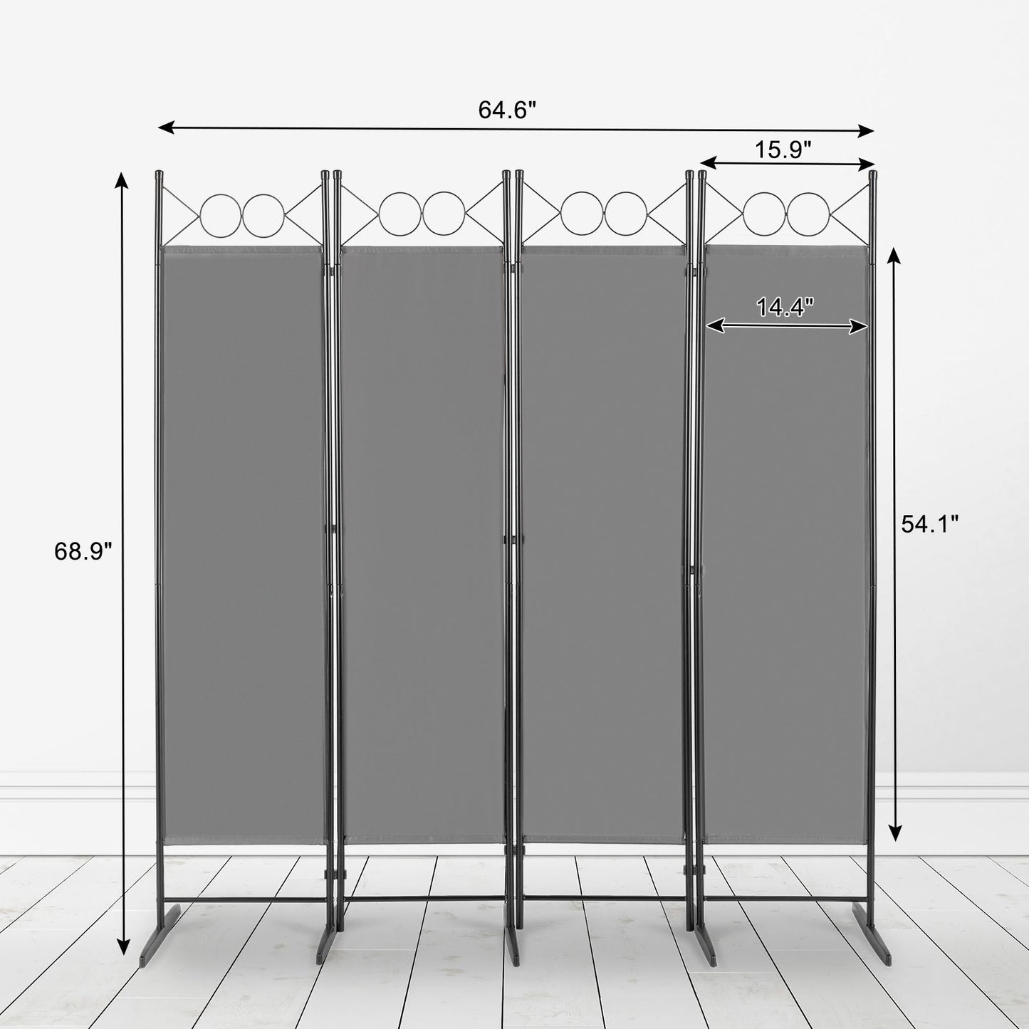 5.74FT 4-Fold Top With Shape 130g Polyester Cloth Plastic Feet Carbon Steel Frame Foldable Screen Gray