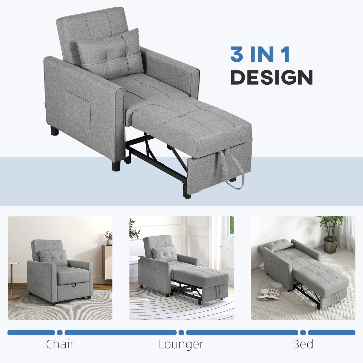 HOMCOM Pull Out Chair Bed, Sleeper Chair with Pillow, Side Pockets, Light Grey