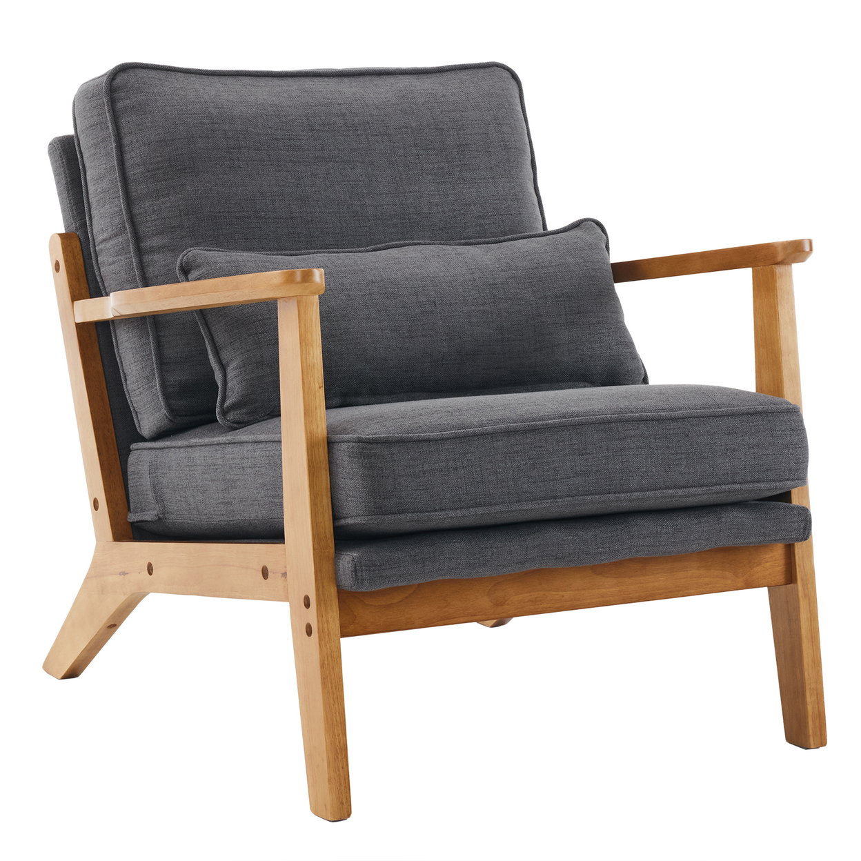 Mid-Century Oak Accent Chair - Linen-Cotton Dark Gray Upholstered Single Lounge Chair, Indoor Armchair with Sturdy Wood Frame (330LBS Weight Capacity)