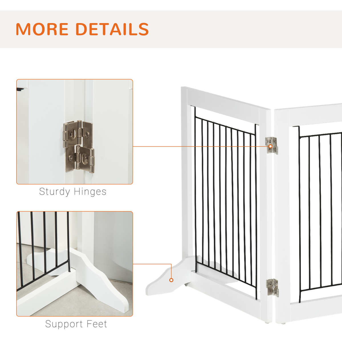 Foldable Dog Gate Freestanding Wooden Pet Barrier w/ 3 Panels, 2 Support Feet