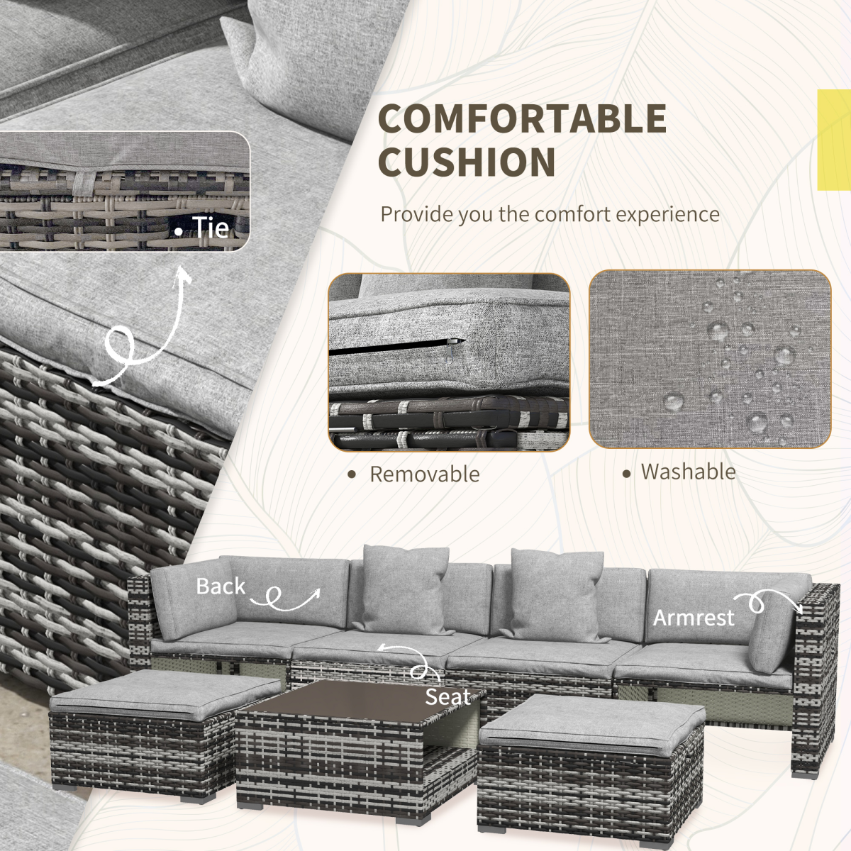Outsunny 7 PCs Rattan Garden Furniture Set with Side Shelf, Stools, Table, Grey