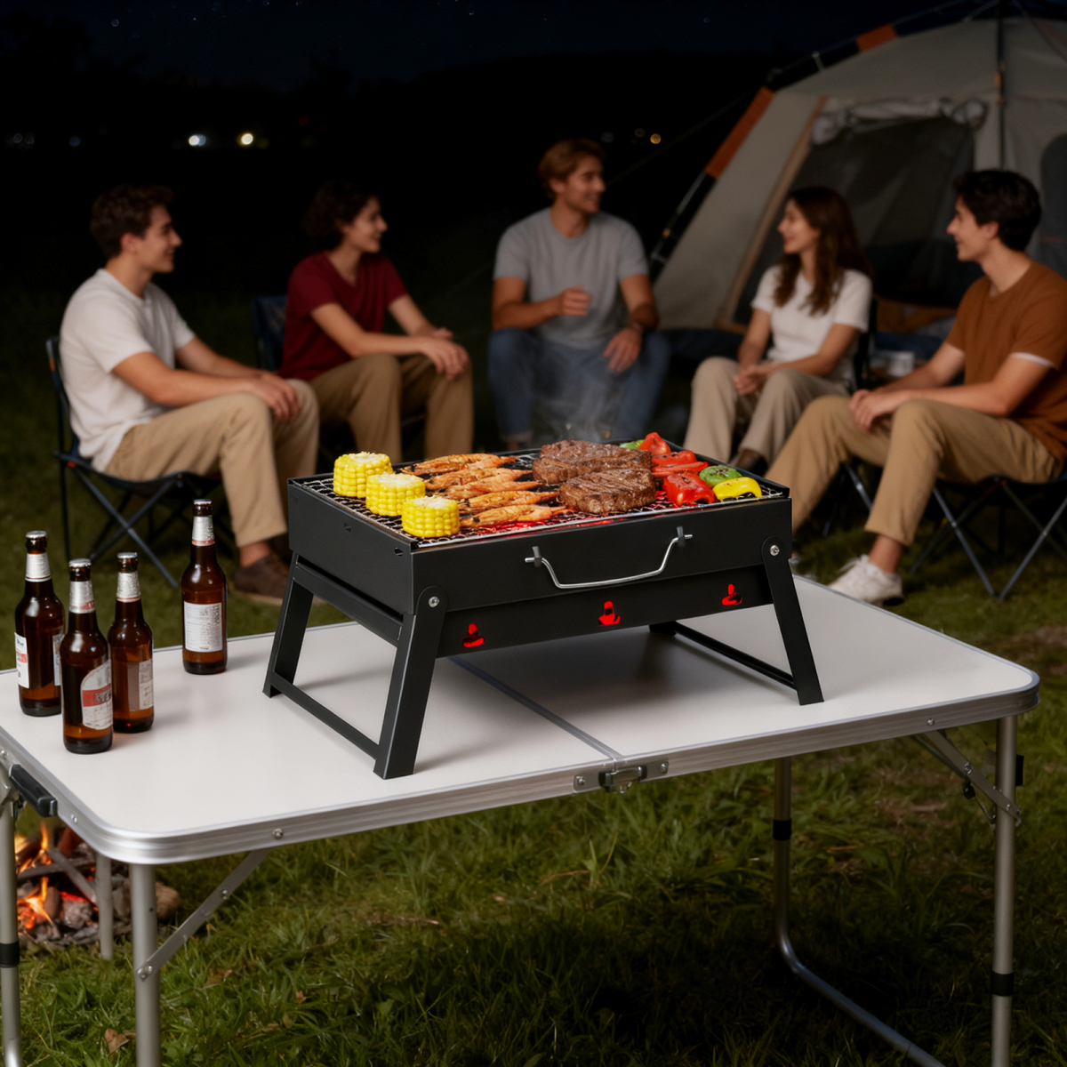 Portable BBQ Grill with Folding Feet, Compact and Lightweight Charcoal Grill for Outdoor Camping, Backyard, Picnic, Beach Party, and Family Outings