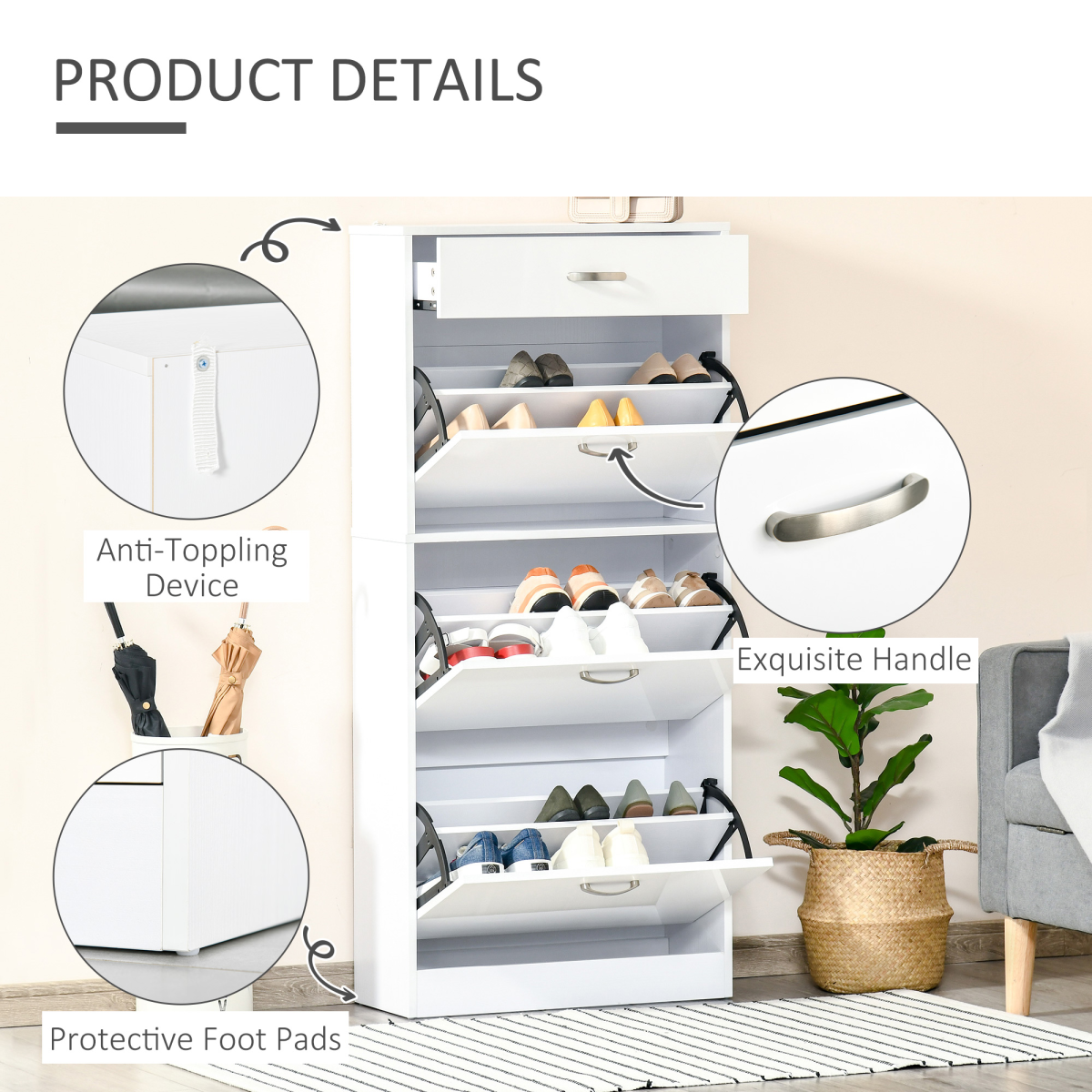Shoe Cabinet 4 Drawers Storage with Flip Doors Shelves for 18 Pairs White