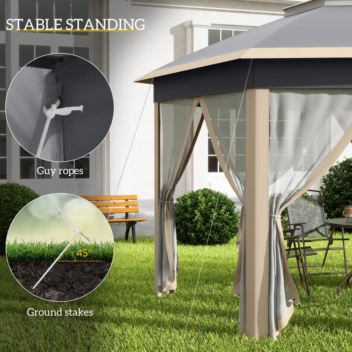 Outsunny 3x4m Hexagon Gazebo w/ Metal Frame Mesh Curtains Outdoor Garden, Khaki