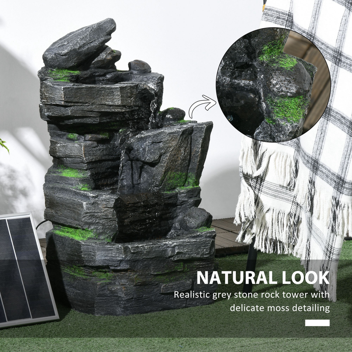Outsunny Garden Fountain, Outdoor Water Feature With LED Light, Dark Grey