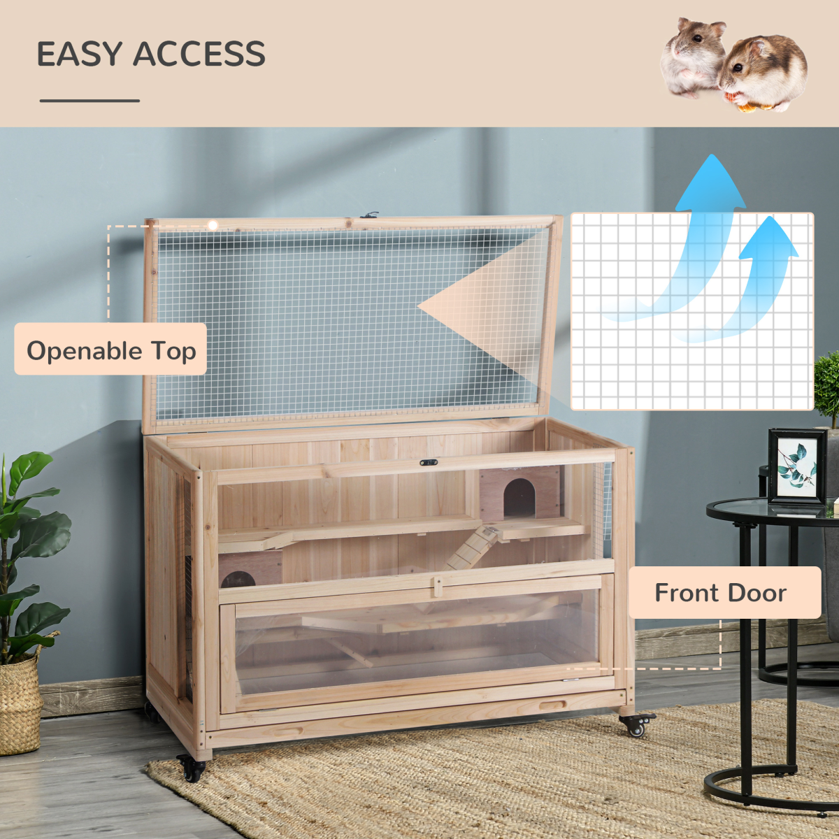3-Tier Wooden Hamster Cage, Roden Small Animals Hutch, Ladders, Natural Wood
