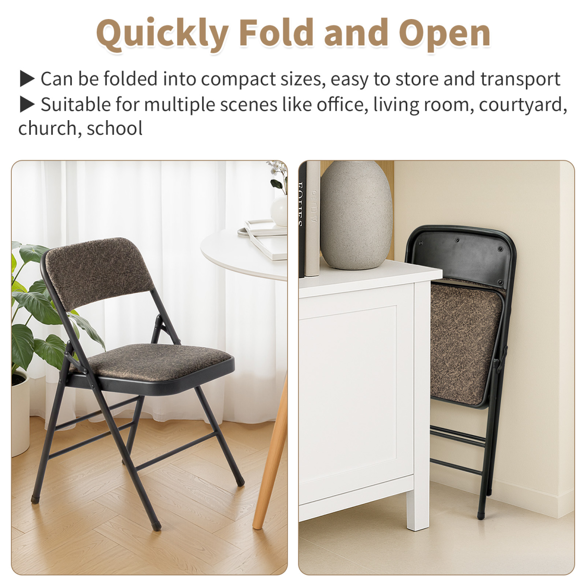 2pcs Black Patterned Padded Folding Chairs, Conference Event Chairs with Soft Seat (46*48*76cm), Frosted Iron Frame