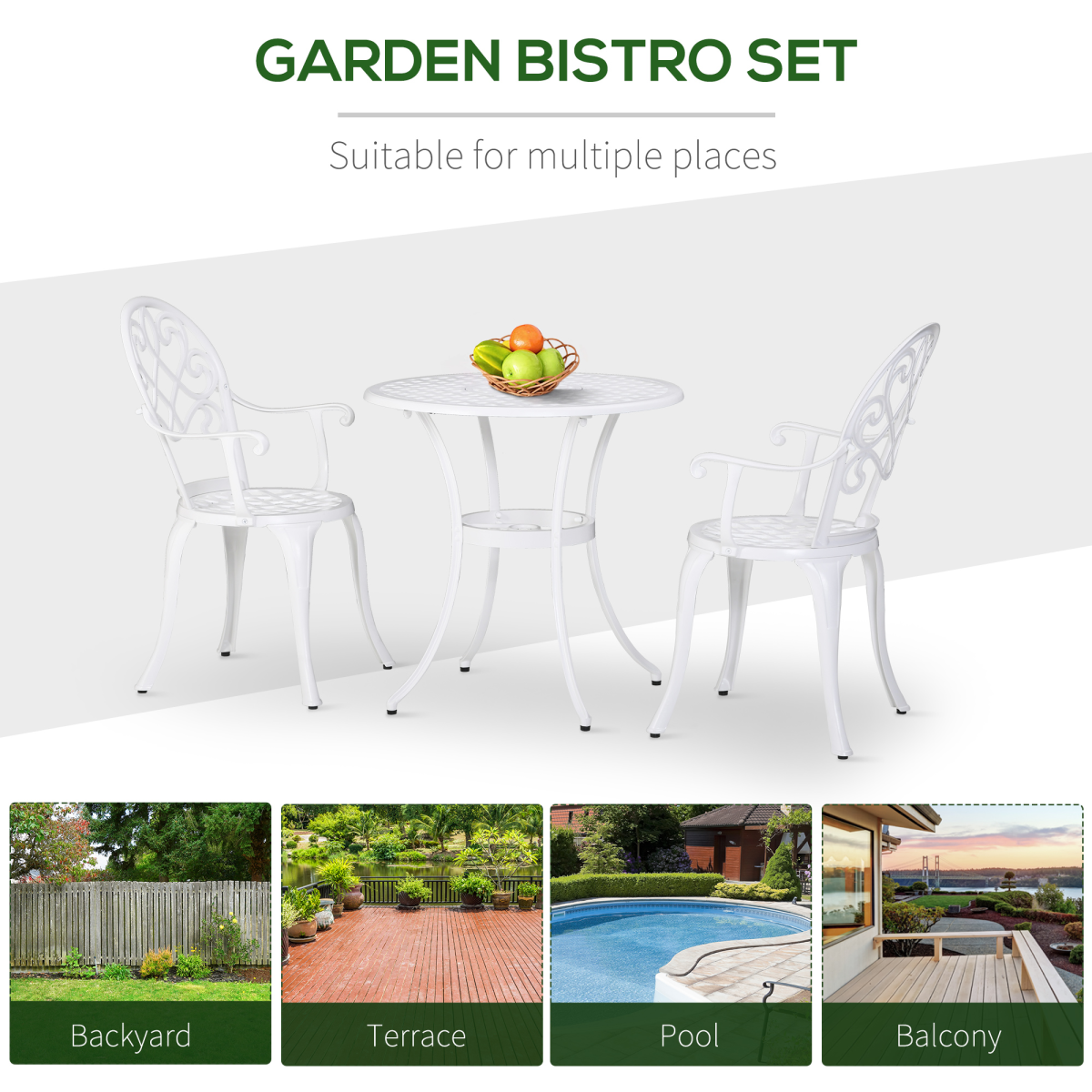 Outsunny 3PCs Garden Bistro Set Cast Aluminium Round Table with 2 Chairs White