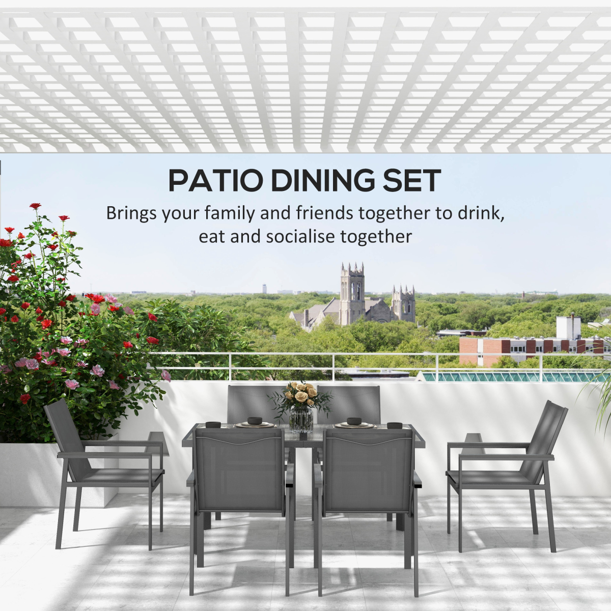 Outsunny 7 Piece Garden Dining Set, Outdoor Table and 6 Chairs, Grey