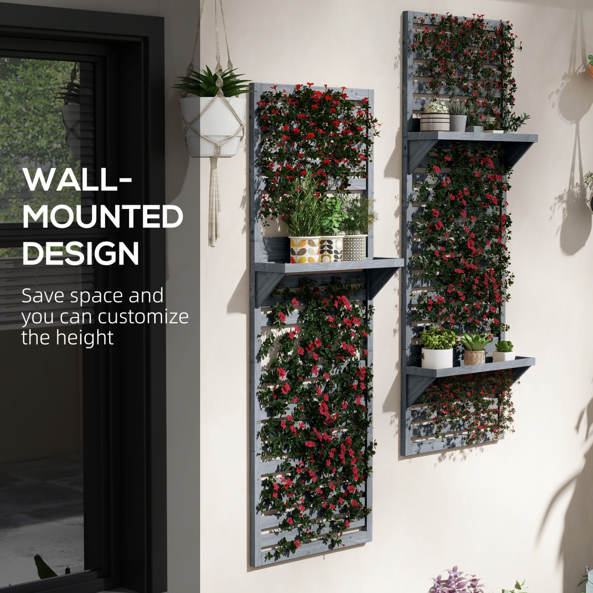 Outsunny Wall Mounted Plant Stands Set of 2 with Shelves and Slatted Trellis