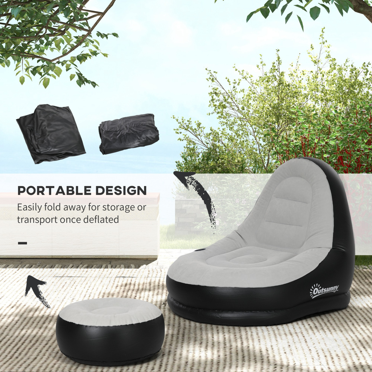 Outsunny Inflatable Chair and Foot Stool for Gaming, Reading, Watching, Grey